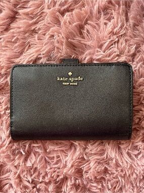 kate spade Black Sparkle Leather Compact Wallet with Gold Logo
